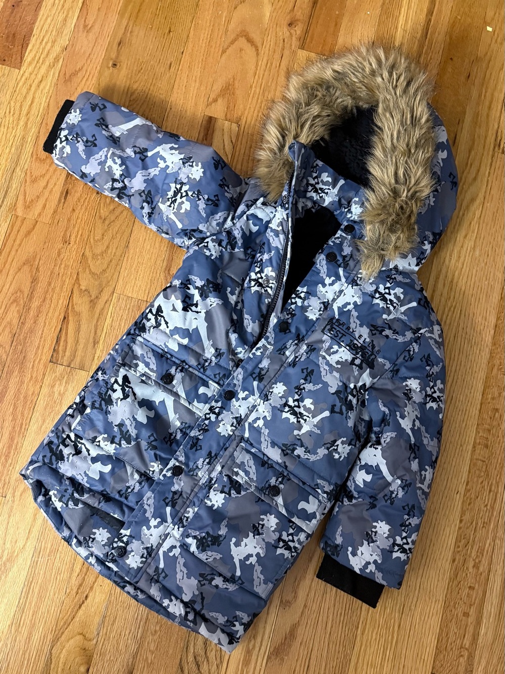 Perry Ellis Blue Camouflage Kids Puffer Jacket with Faux-Fur Hood
